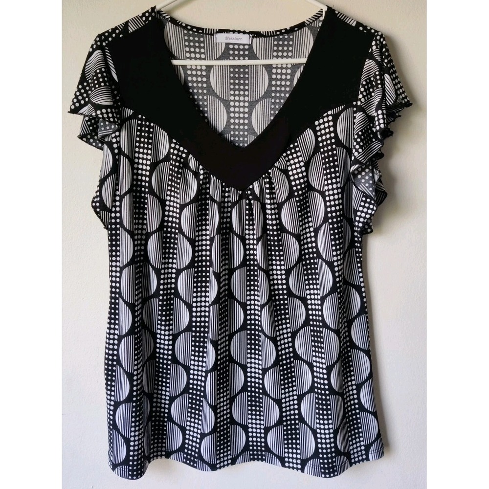 Dressbarn Womens Blouse Black/White Geometric Design Short Sleeve Pullover Sz M - Picture 1 of 4